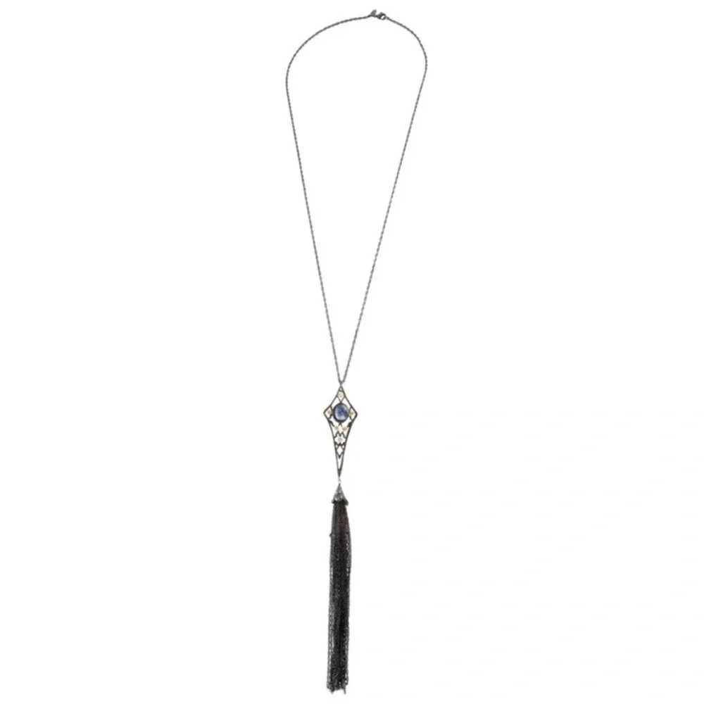 ALEXIS BITTAR •Gunmetal Gold Blue Stone Jardin De Papillon Lace Tassel Necklace